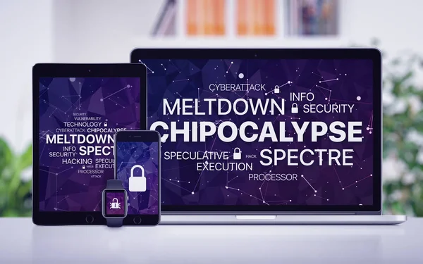 Chipocalypse concept with meltdown and spectre threat on screens of various devices — Stock Photo, Image