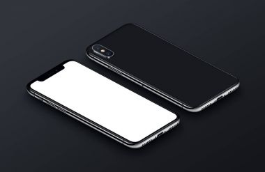 iphone X. Perspektif görünümü izometrik beyaz akıllı telefon mockup ön ve arka yanlar siyah yüzey üzerinde yatıyor