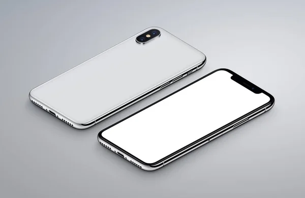 IPhone X. Vista perspectiva isométrica blanco teléfono inteligente maqueta frontal y trasera se encuentra en la superficie gris —  Fotos de Stock