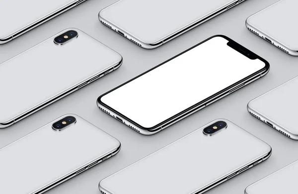 Perspectief isometrisch vergelijkbaar met iPhone X smartphone mockup patroon op grijs oppervlak — Stockfoto