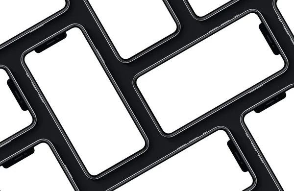 IPhone X. Smartphones frente lado maqueta vista superior plana yacía sobre fondo negro —  Fotos de Stock