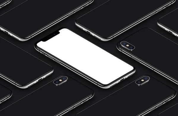 Similar a iPhone X perspectiva de teléfono inteligente isométrico patrón de maqueta lado frontal y trasero negro cartel —  Fotos de Stock