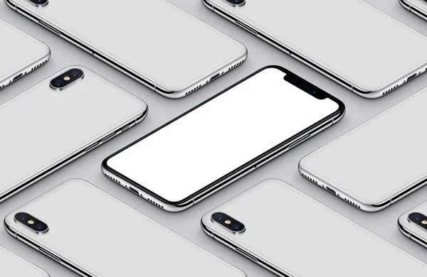 Similar to iPhone X perspective isometric smartphone mockup pattern front side and back sides white poster — Stock Photo, Image