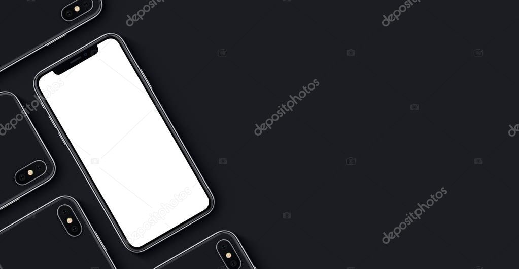 Similar to iPhone X smartphones mockup banner with copy space on black background