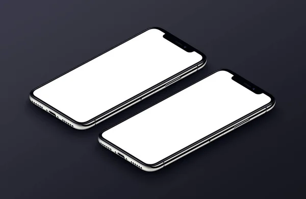 Dos teléfonos inteligentes de perspectiva como iPhone X mockup lados delanteros que yacen en la superficie negra —  Fotos de Stock
