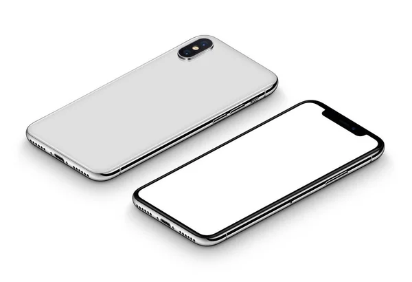 Prospettiva smartphone bianco come iPhone X mockup lato anteriore e posteriore CW ruotato sdraiato sulla superficie — Foto Stock