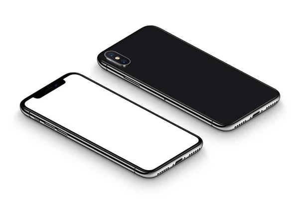 Perspective black smartphone like iPhone X mockup front side and back side CCW rotated lying on surface — Stock Photo, Image