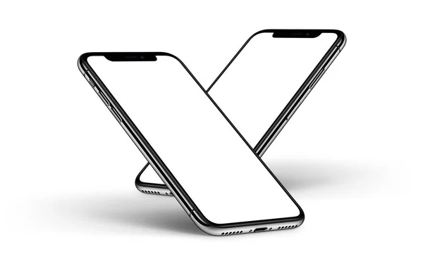 IPhone X. Smartphones maqueta uno detrás del otro lado frontal con pantalla blanca —  Fotos de Stock