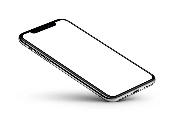 아이폰 X. 관점 보기 스마트폰 이랑 빈 화면 한 구석에 달려있다 — 스톡 사진