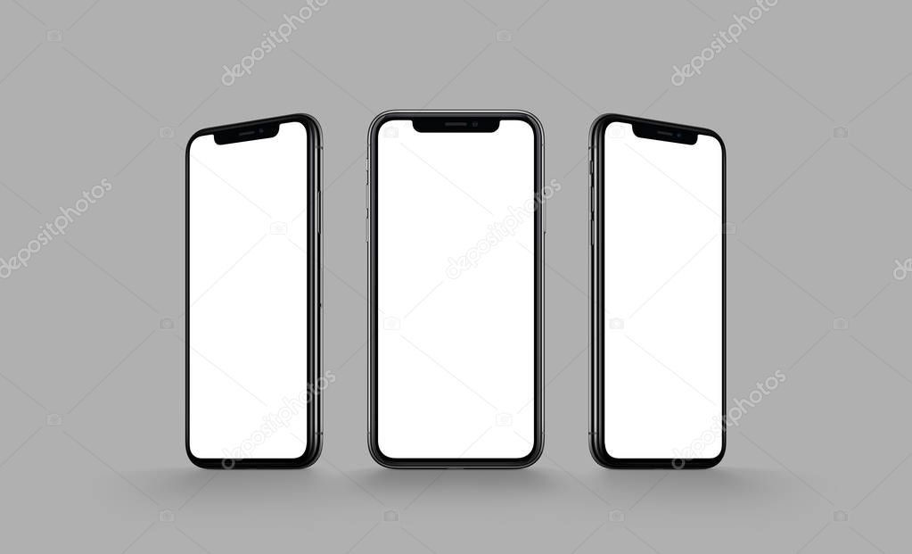 iPhone X style smartphone multi screen mockup on gray background