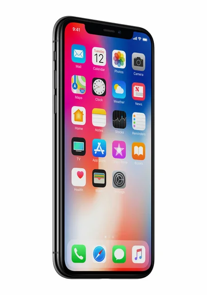 Yeni Apple iphone X ön görünüm biraz üzerinde izole beyaz arka plan döndürülmüş