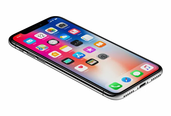 Perspective view new Apple iPhone X smartphone isolated on white background — Stock Photo, Image