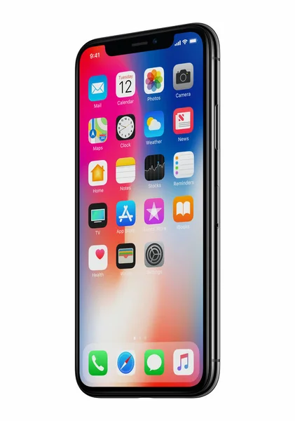 มุมมองด้านหน้าของ Apple iPhone X ใหม่ หมุนเล็กน้อยแยกจากพื้นหลังสีขาว — ภาพถ่ายสต็อก