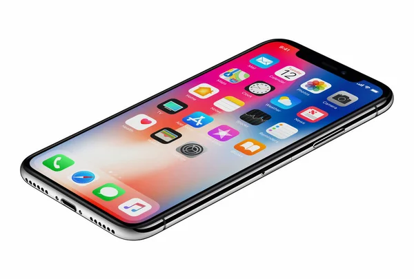 Перспективный вид нового смартфона Apple iPhone X изолирован на белом фоне — стоковое фото