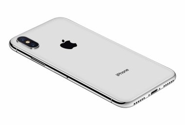 Beyaz arka plan üzerinde izole perspektif görünüm gümüş elma iphone X arka yüzüne