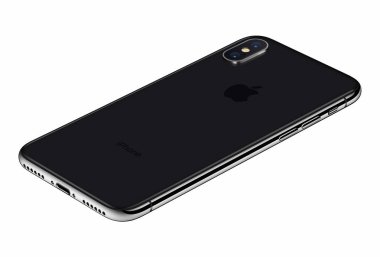 Beyaz arka plan üzerinde izole perspektif görünüm alanı gri Apple iphone X arka yüzüne
