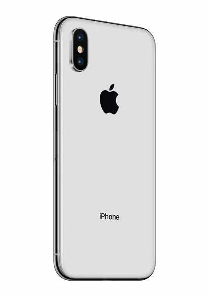 เงิน Apple iPhone X ด้านหลังหมุนเล็กน้อยแยกกันบนพื้นหลังสีขาว — ภาพถ่ายสต็อก