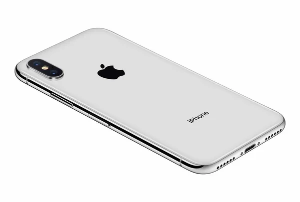 Vista prospettiva Argento Apple iPhone X lato posteriore isolato su sfondo bianco — Foto Stock