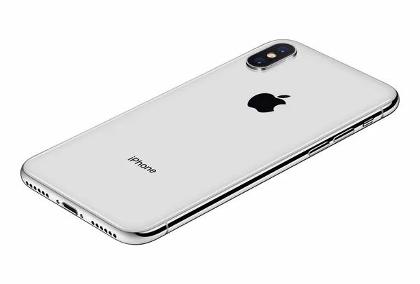 Perspektiv Visa Silver Apple iphone X baksida isoleras på vit bakgrund — Stockfoto