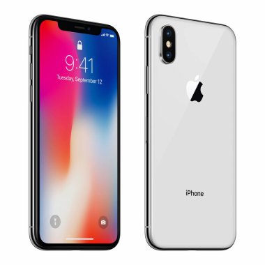 Beyaz Apple iphone X ile IOS 11 lockscreen ön ve arka yüzü beyaz arka plan üzerinde izole döndürülmüş