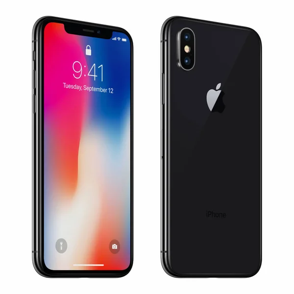 Negro girado Apple iPhone X con iOS 11 frente a la pantalla de bloqueo y la parte posterior aislado en fondo blanco —  Fotos de Stock