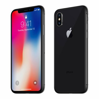 Siyah elma iphone X ile IOS 11 lockscreen ön ve arka yüzü beyaz arka plan üzerinde izole döndürülmüş