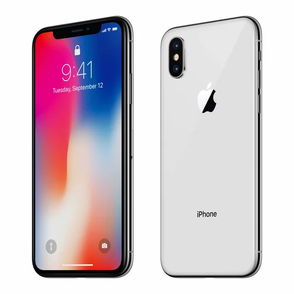 White rotated Apple iPhone X with iOS 11 lockscreen front side and back side isolated on white background — Stock Photo, Image