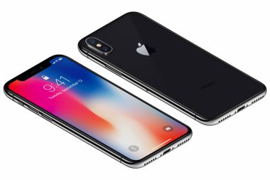 İzometrik alanı gri Apple iphone X ön yüzü IOS 11 lockscreen ve beyaz arka plan üzerinde izole arka yüzü ile