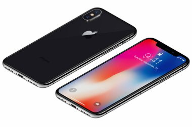 İzometrik alanı gri Apple iphone X ön yüzü IOS 11 lockscreen ve beyaz arka plan üzerinde izole arka yüzü ile
