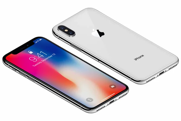 ด้านหน้าของ iPhone X แอปเปิ้ลสีเงินแบบไอโซเมตริกพร้อมหน้าจอล็อค iOS 11 และด้านหลังแยกจากพื้นหลังสีขาว — ภาพถ่ายสต็อก