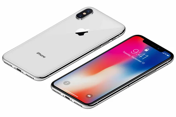 ด้านหน้าของ iPhone X แอปเปิ้ลสีเงินแบบไอโซเมตริกพร้อมหน้าจอล็อค iOS 11 และด้านหลังแยกจากพื้นหลังสีขาว — ภาพถ่ายสต็อก