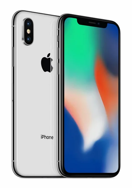 Γύρισε ασημί Apple iphone X mockup μπροστινή πλευρά και πίσω πλευρά, ένα επάνω στο άλλο — Φωτογραφία Αρχείου