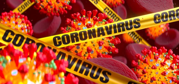 Wirus Coronavirus COVID-19 w krwioobiegu z taśmą niebezpieczeństwa — Zdjęcie stockowe