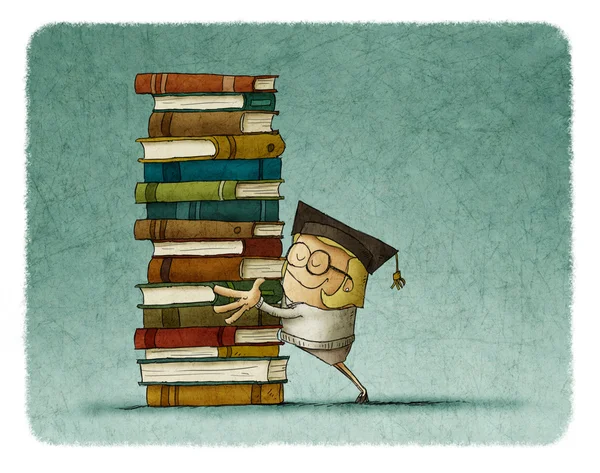 Girl graduate hugging a stack of books — Stock Photo, Image