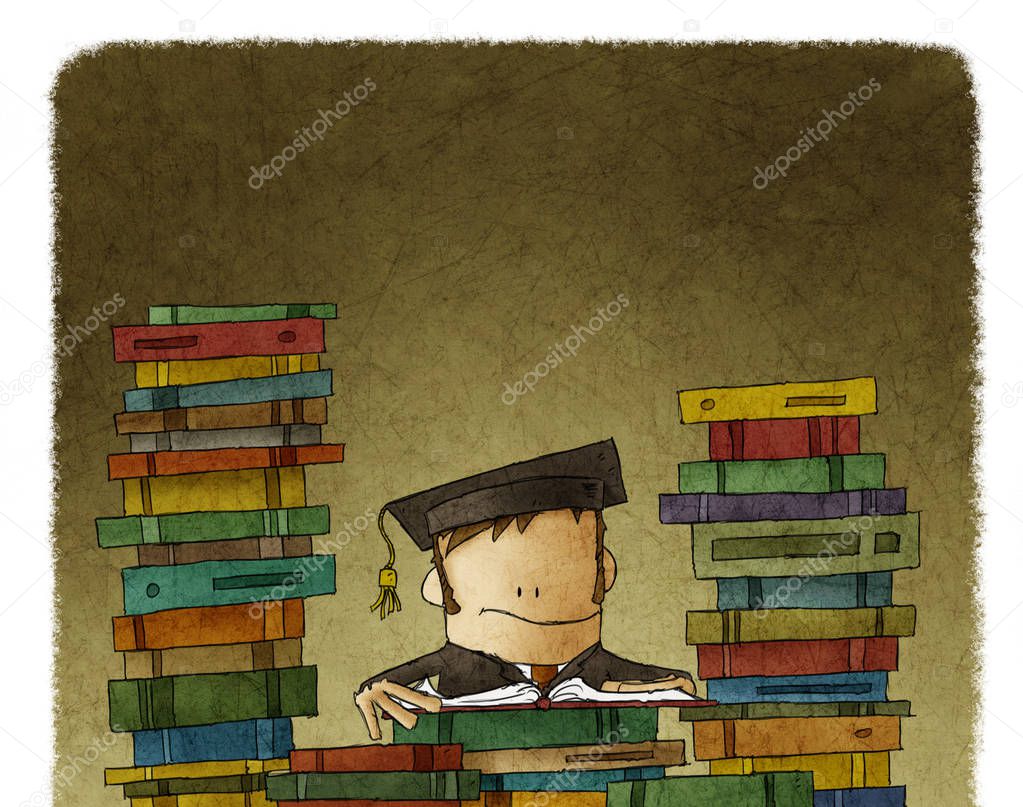 Drawing of man surrounded with books