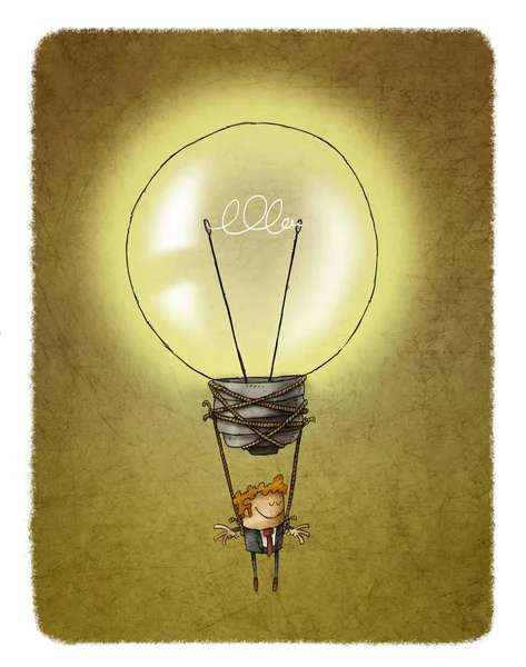 Idea concept of a light bulb air balloon with a businessman hanging from it — Stock Photo, Image