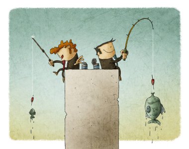 Gri bir blokta oturan ve balıkçılık yapıyor iş adamları. 