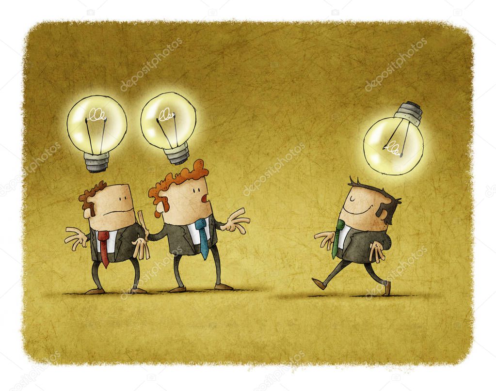 Two businessmen with one idea look at another who has a different idea