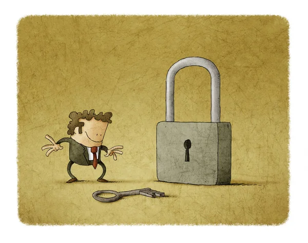 Businessman with a key and a padlock. It is a metaphor to find a solution or  a security metaphor. — Stock Photo, Image