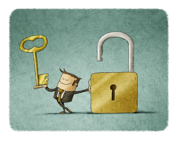 Zakenman met een sleutel in een hand en een hangslot geopend. Het is een metafoor om een oplossing te vinden of een metafoor beveiliging. — Stockfoto