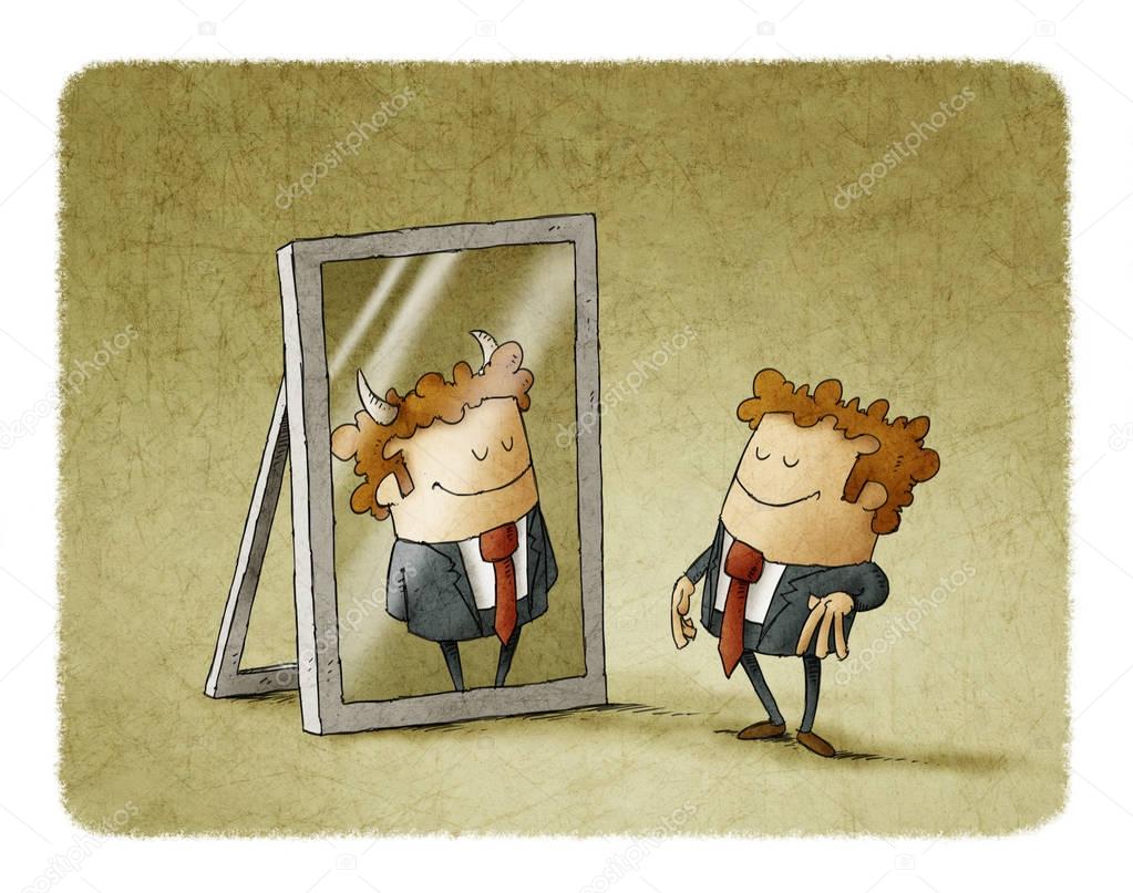Businessman has been reflected as a devil in a mirror