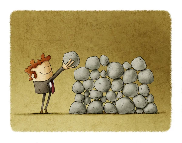 Επιχειρηματίας βάζει μια πέτρα πάνω από τους άλλους, αλληγορία προσπάθεια και επιτυχία στην επιχείρηση. — Φωτογραφία Αρχείου