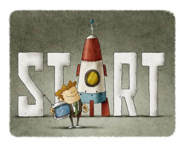 Businessman with the word start and a rocket clipart
