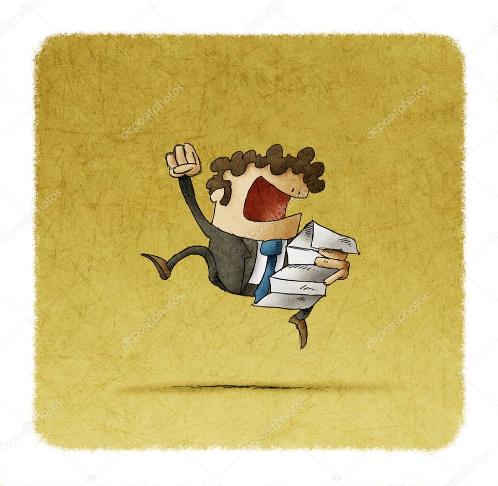 Successful businessman jumping with a document in hand. Happy excited entrepreneur celebrates victory or achievements in work.