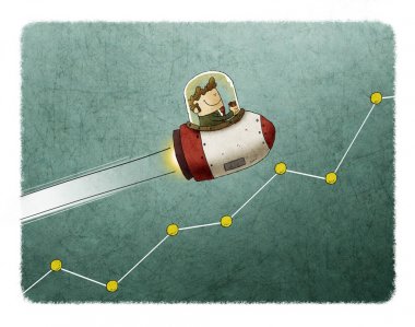 Bir roket ve bir Pazar grafik üzerinde uçan iş adamı