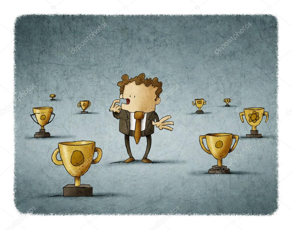 Businessman surrounded by trophies think about which to choose