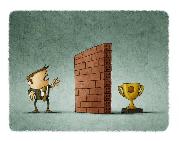 Homme d'affaires devant un mur de briques a de la difficulté à atteindre son objectif — Photo