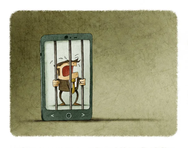 Man addicted to the mobile phone is trapped inside the phone like a prison — Stock Photo, Image