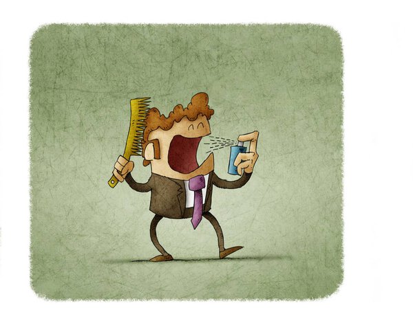 businessman combs his hair while using oral spray