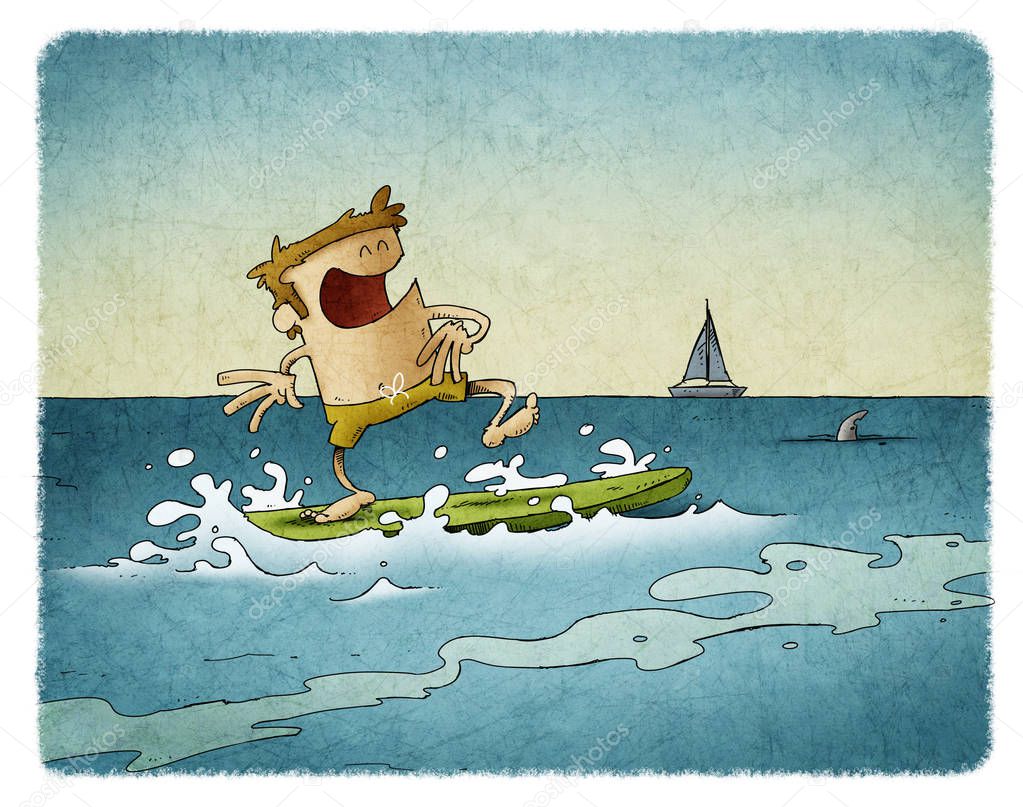 funny illustration of a man surfing on top of a surfboard